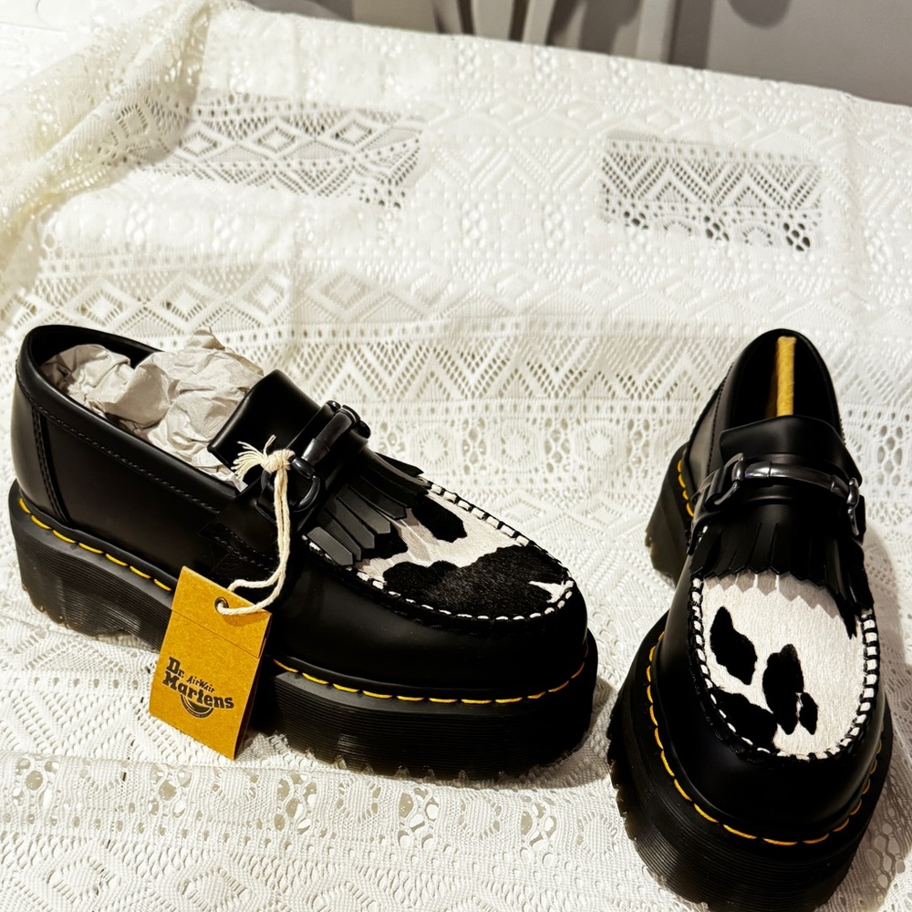 Dr. Martens Adrian Snaffle Hair On & Leather Cow Print Kiltie Loafers—BNIB